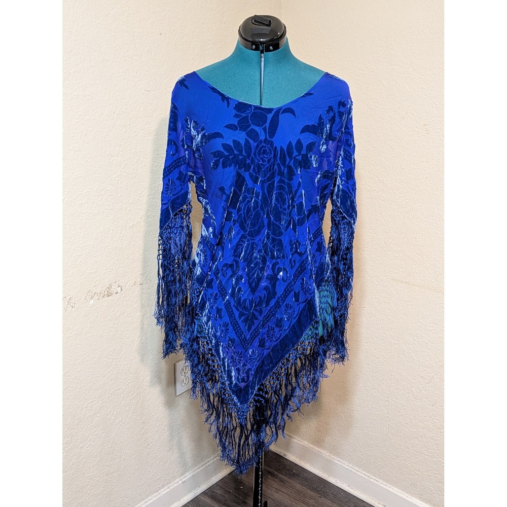 Royal Blue Velvet Burnout Floral Fringe Tunic Top Boho Asymmetrical V-Neck L
